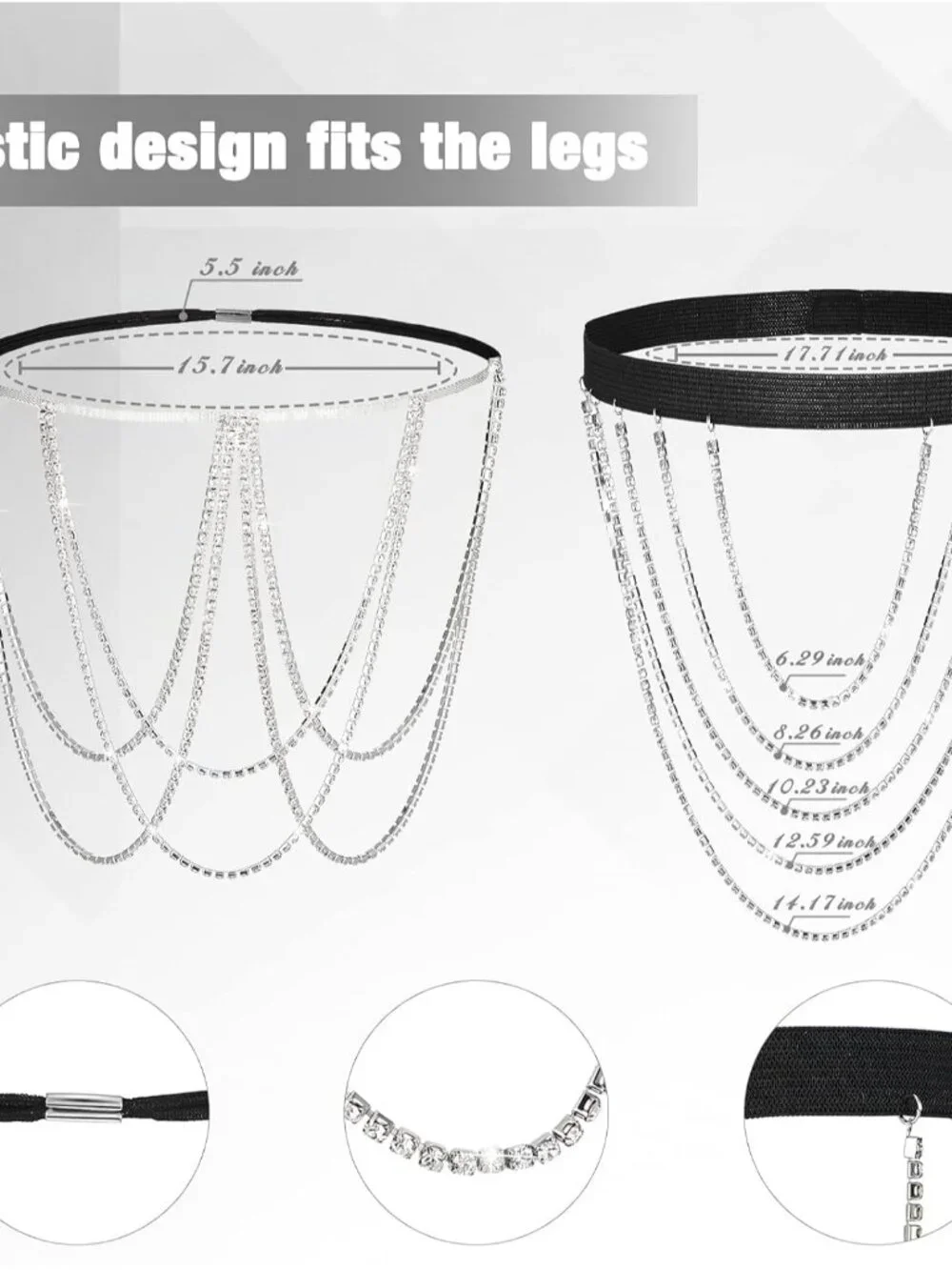 2 Pieces Crystal Leg Chains Rhinestone Sliver Thigh Chain Layered Body Jewelry f